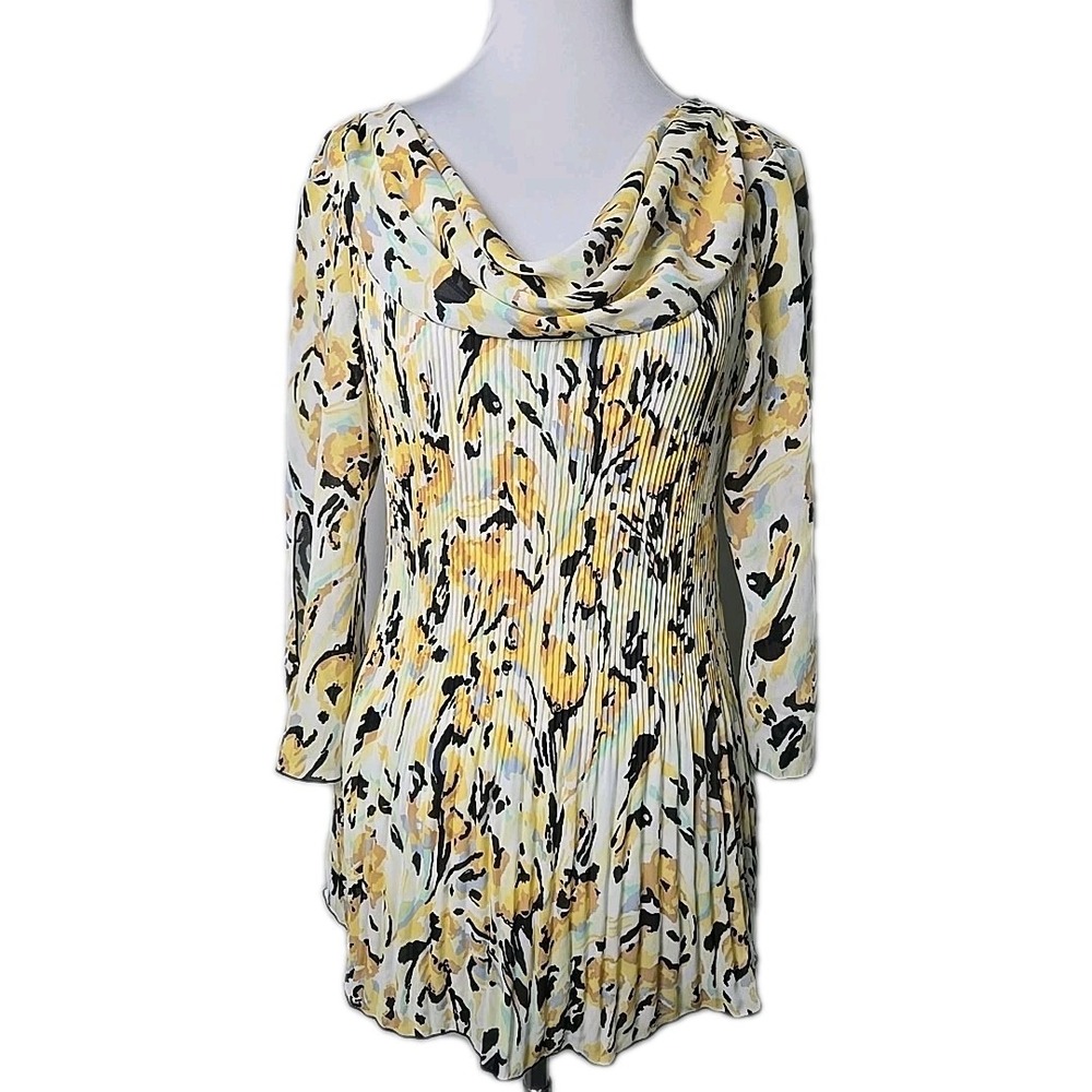 NICOLA - Yellow Floral Crinkle 3/4‎ Sleeve Drape Blouse Top Size Large L